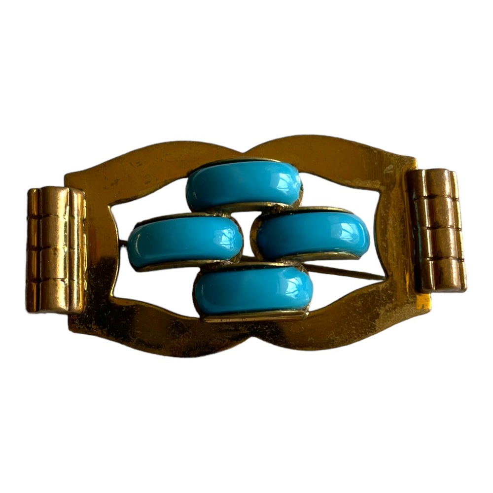 1930s Art Nouveau Gold Tone Geometric Pattern Metal with Turquoise Glass